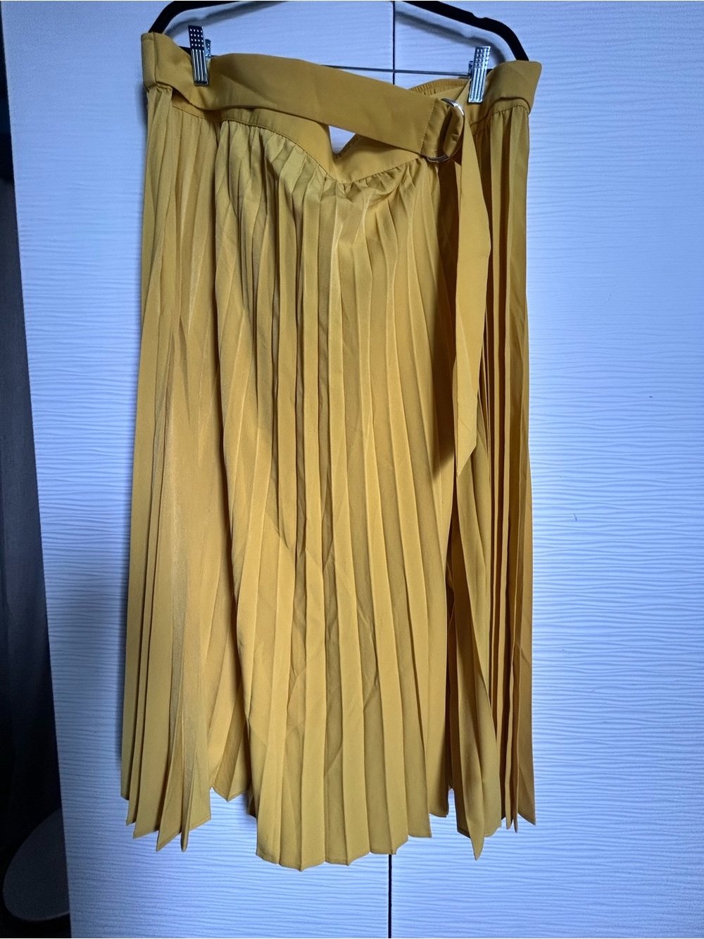 Mustard Yellow Pleated A-Line Skirt with Waist Tie